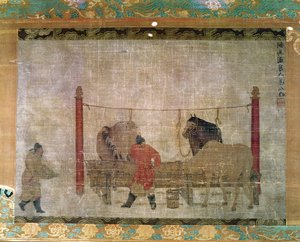 Hengende, skildrer brudgommene som mater hester, blekk og akvarell på silke, tilskrevet Jen Jen-Far, kinesisk, 1300-tallet av Unbekannt Unbekannt