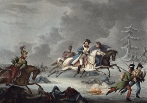 The Flight of Bonaparte fra slaget ved Krasnoi av William Heath, utgitt 1. april 1815 (farget akvatint)
