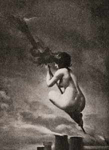The Witch on her Broomstick, etter et verk av L.R. Falero. Fra illustrert moralhistorie fra middelalderen til i dag av Eduard Fuchs, utgitt 1909.