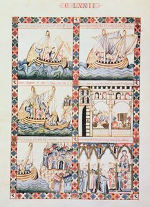 102-0625868/1 A Journey to Acre, illustrasjoner til Cantiga 172, en av 420 musikalske komposisjoner som forteller om Jomfruens mirakler, skrevet på galisisk for Alfonso X 