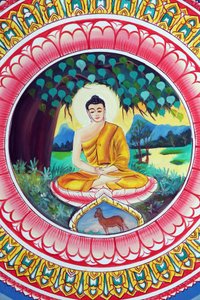 20151029, Vientiane, Laos: Wat Inpeng buddhisttempel. Maleri som skildrer livshistorien til Shakyamuni Buddha. Buddha sitter i meditasjonsstilling av Unbekannt