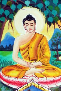 20151029, Vientiane, Laos: Wat Inpeng buddhisttempel. Maleri som skildrer livshistorien til Shakyamuni Buddha. Buddha sitter i meditasjonsstilling av Unbekannt