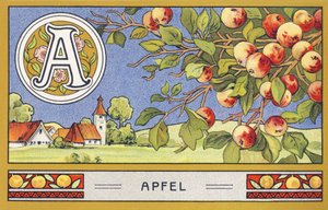 A: Eple - Alfabet Palmin. Serie med kromolitografier redigert av H. Schlinck & Cie, Hamburg, sd. Publicite pour Palmin fineste kokosfett. Mål: 7 x 11 cm av Unbekannter Künstler