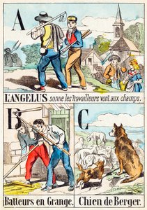 Ved Angelus går arbeiderne til markene; B Treskere i fjøs; C Sheepdog - "Alfabetet til gården" slutten av 1800-tallet (gravering) av Unbekannt