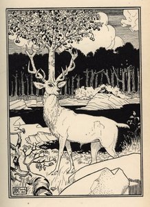 Et kirsebærtre på hodet til en hjort berørt av steinene av kirsebærspyd av Baron de Munchausen Illustrasjon av William Strang (1859-1921) og JB Clark hentet fra «The Adventures of the Baron of Munchausen (Munchhausen) av Rudolf Erich Raspe (1736- av Unbekannt