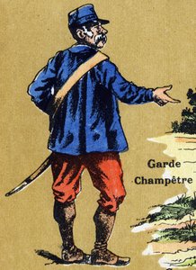 En landsvakt. Illustrert alfabet. Bilder gjenforent i Jarville-Nancy, tidlig på 1900-tallet. Mål: 40 x 29 cm. Litografi på bistre bakgrunn av Unbekannt