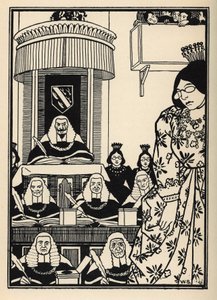 En domstol som stort sett er feminin, fremstår for baronen som en ironi som er verdig å nevne blant hans eventyr. Illustrasjon av William Strang (1859-1921) og JB Clark fra "The Adventures of the Baron of Munchausen (Munchhausen) av Rudolf Erich Raspe (173 av Unbekannt