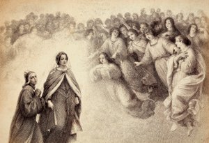 En flokk med skygger nærmer seg Dante og Beatrice. Illustrasjon av Canto V av Paradiso fra Den guddommelige komedie av Dante Alighieri. Verk av Franceso Scaramuzza dedikert til Firenze kommune. av Unbekannter Künstler