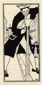 En gigant, brakt av Baron de Munchausen fra Cheese Island i England, tenner gatelysene uten stige. Illustrasjon av William Strang (1859-1921) og JB Clark fra «The Adventures of the Baron of Munchausen (Munchhausen) av Rudolf Erich Ra av Unbekannt