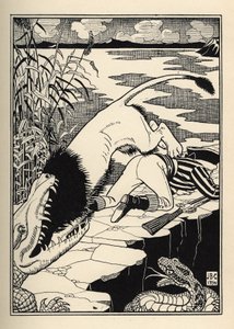 En løve som ville angripe Baron de Munchausen endte opp med en krokodille. Illustrasjon av William Strang (1859-1921) og JB Clark fra "The Adventures of the Baron of Munchausen (Munchhausen) av Rudolf Erich Raspe (1736-1794) (1789) av Unbekannt