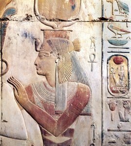 Abydos i Egypt: Osiriac Temple of Sethi (Seti) I, gudinnen ISIS.