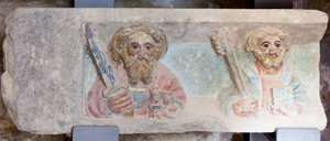 Altertavle. polykrom stein. Andre halvdel av 1300-tallet. Opprinnelse tidligere sognekirke Torre de Rialb. Detalj. Nedre register. Venstre panel. Evangelistene Paul Peter. av Unbekannt