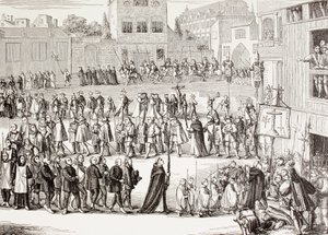 En Auto-da-fe, eller Act of Faith, prosesjon i Spania, etter en gravering fra 1400-tallet, fra 'Militært og religiøst liv i middelalderen' av Paul Lacroix publisert i London rundt 1880 av Unknown