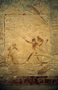Det gamle Egypt: Saqqarah (eller Saqqara eller Sakkarah): nekropolis av det gamle imperiet, adeliges grav. Detalj av relieffene som viser en fiskescene.