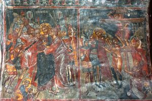 Gamle fresker; veggmalerier; kyss av Judas; Jesu korsfestelse; Panagia og Sotiras kirke; gresk-ortodoks kirke; Roustika; Kreta; Hellas; Europa av Unbekannt
