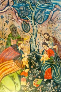 Den armenske apostoliske kirke; veggmaleri; Tilbedelse av magi; Jesus Kristus; Maria og Josef; de tre vise menn gir gaver; Betlehem kirke eller Bedkhem kirke; Julfa distrikt eller Jolfa; Isfahan; Iran; Asia av Unbekannt