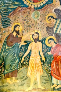 Den armenske apostoliske kirke; veggmaleri; Jesu Kristi dåp av døperen Johannes i Jordan; Bethlehem kirke eller Bedham kirke; Julfa distrikt eller Jolfa; Isfahan; Iran; Asia av Unbekannt