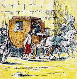 Arrestasjon av Ludvig XVI og hans flyktende familie i Varennes 21. juni 1791. Gravering i "Histoire de France". Serie med reklamebilder publisert på vegne av Louit, 24 rue d'Eysines-a-Bordeaux, ca. 1920. Total bildestørrelse: 7,8x5,5 cm. av Unbekannt