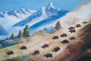 Kunst; maleri av en flokk yaks under Ama Dablam-fjellet; livet på landet; galleri i Kathmandu; Nepal; Asia av Unbekannt