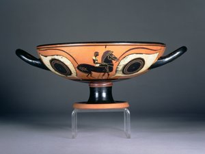 Attisk øyekopp med svart figur, med ekstra rød og hvit dekorasjon som viser en hest og rytter, 480-450 f.Kr. (keramikk) av Unbekannt