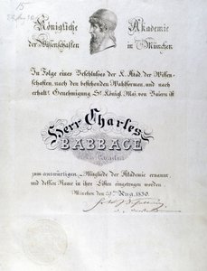 Babbage Æresdiplom tildelt Charles Babbage av Unbekannt