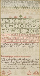 Bandsampler med alfabet, tall og et vers, arbeidet av Elizabeth Howe av Unbekannt