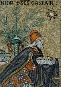 Basilica of Sant'Apollinare Nuovo, Detalj av mosaikk som representerer prosesjon av magi, Ravenna, Emilia-Romagna, Italia av William M. Timlin