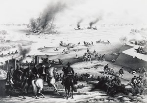 Battle of Hampton Roads eller Battle of Ironclads, USS Monitor og CSS Virginia (til høyre), 9. mars av William M. Timlin