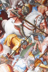 Kampfszene, Detail aus den Fresken in der Halle der Schlachten (Detail) von Jean Le and workshop Noir