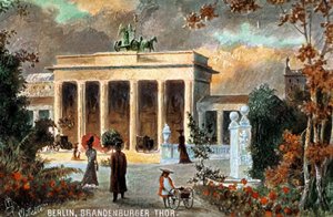 Berlin - Brandenburger Thor. Utsikt over Brandenburger Tor, med blomster og forbipasserende, slutten av 1800-tallet/1900-tallet (trykk) av Unbekannter Künstler