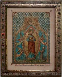 bevere. Sognekirke (St. Peters band). Interiør. Andakt farget trykk. S Lucas skole Gent, Eiendom 1875, W Z Dreyt Brugge. Nygotisk. av Unbekannt
