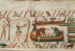 Bygge skip under ordre fra Duke William, Bayeux Tapestry (ullbroderi på lin) av Unbekannt