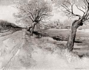 Canterbury Cathedral, fra sørvest, ved solnedgang, fra The Century Magazine, utgitt 1887 (gravering) av Unbekannt