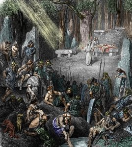 Celtic antiquite: "" Menneskeofring under en seremoni ledet av en druide i nærvær av familier og krigere i en skog" (Gallisk religion, menneskeofring under en seremoni ledet av en druide i nærvær av familier og krigere i en skog) Gravering f