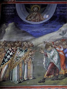 Kristus i herlighet kontrollerer de timelige og åndelige krefter Bysantinsk freskomaleri fra Agios Ioannis Lampadistis kloster, Saint-John Lampadistis 1000-tallet Kypros Malte kirker UNESCO-sted Troodos, Kypros av William M. Timlin