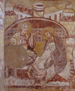 Kirke (Église Saint-Martin). Interiør. Veggmalerier (fresco). Nordveggen i koret. Detalj. fotvask. 1100-tallet. av Unbekannt