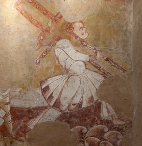 Kirke (Église Saint-Martin). Interiør. Veggmalerier (fresco). Nordveggen i koret. Detalj. Simon av Kyrene bærer korset. 1100-tallet. av Unbekannt