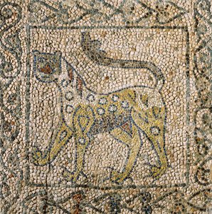 Church of Saint John Evangelist, Fourth Crusade, Fragmenter av mosaikkgulv som representerer flekket panter, Ravenna, Emilia-Romagna, Italia av William M. Timlin