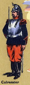 Cuirassier i soldatuniform. Illustrert alfabet. Bilder gjenforent i Jarville-Nancy, begynnelsen av det 20. århundre. Mål: 40 x 29 cm. Litografi på bistre-bakgrunn av Unbekannt