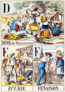 D E F: Diner des Moissonneurs, Ecurie, Fenaison - "Alfabetet til gården" slutten av 1800-tallet (gravering) av Unbekannt