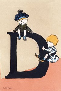 D som to, ned - Barnealfabetet. C.M.-redaktør, Paris. Håndmalte postkort, frankert i 1904. Mål: 14 x 9 cm av Unbekannt
