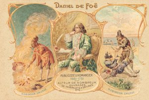Daniel Defoe ved skrivebordet og hans berømte verk (trykk) av Unbekannter Künstler