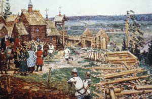Skildring av byggingen av Moskva Kreml ut av tømmerstokker under Yuri Dolgorukys regjeringstid på 1100-tallet. av Unbekannter Künstler