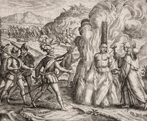 Beskrivelse av forbrytelsene som ble påført indianerne av de spanske kolonistene - Conquistadorer som brenner på bålet en indianer som nektet å konvertere til den katolske troen. Religiøse av fransiskanerordenen (gravering) "" Narratio regionum i av Unbekannt