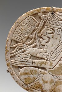 Detalj fra en Maya-skall-rundell, som viser en skribent i kryss med pennen i hånden, ca. 550-950 av Unbekannt