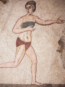 Detalj av Chamber of the Ten Maidens eller mosaikken til "Bikini-jentene". Løping. 3. - 4. århundre. Roman Villa of the Casale, Sicilia. UNESCO nettsted. av Unbekannt