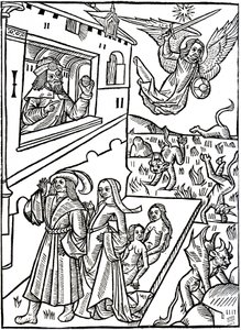 Djevler blir forfulgt av erkeengelen Saint Michael, mens mennesker fortsetter sine aktiviteter av David Mosé