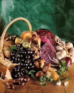 Diett: stilleben av sorte druer, hvitløk, løk, hvitløksfedd, persille, sopp, kastanje, kiwi og rødkål. av William M. Timlin