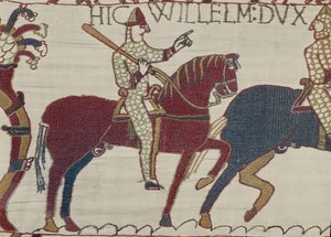 Hertug William formaner troppene sine til å forberede seg på kampen mot den engelske hæren, Bayeux Tapestry (ullbroderi på lin) av Unbekannt