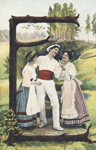E: En mann kledd i hvitt og rødt står mellom to kvinner iført skjørt, bluser og forklær. Landsdekor - Alfabettegn Ref Th. E., L. Theochrom - Serie 994. Theodor Eisman, forlegger, Leipzig av Unbekannt